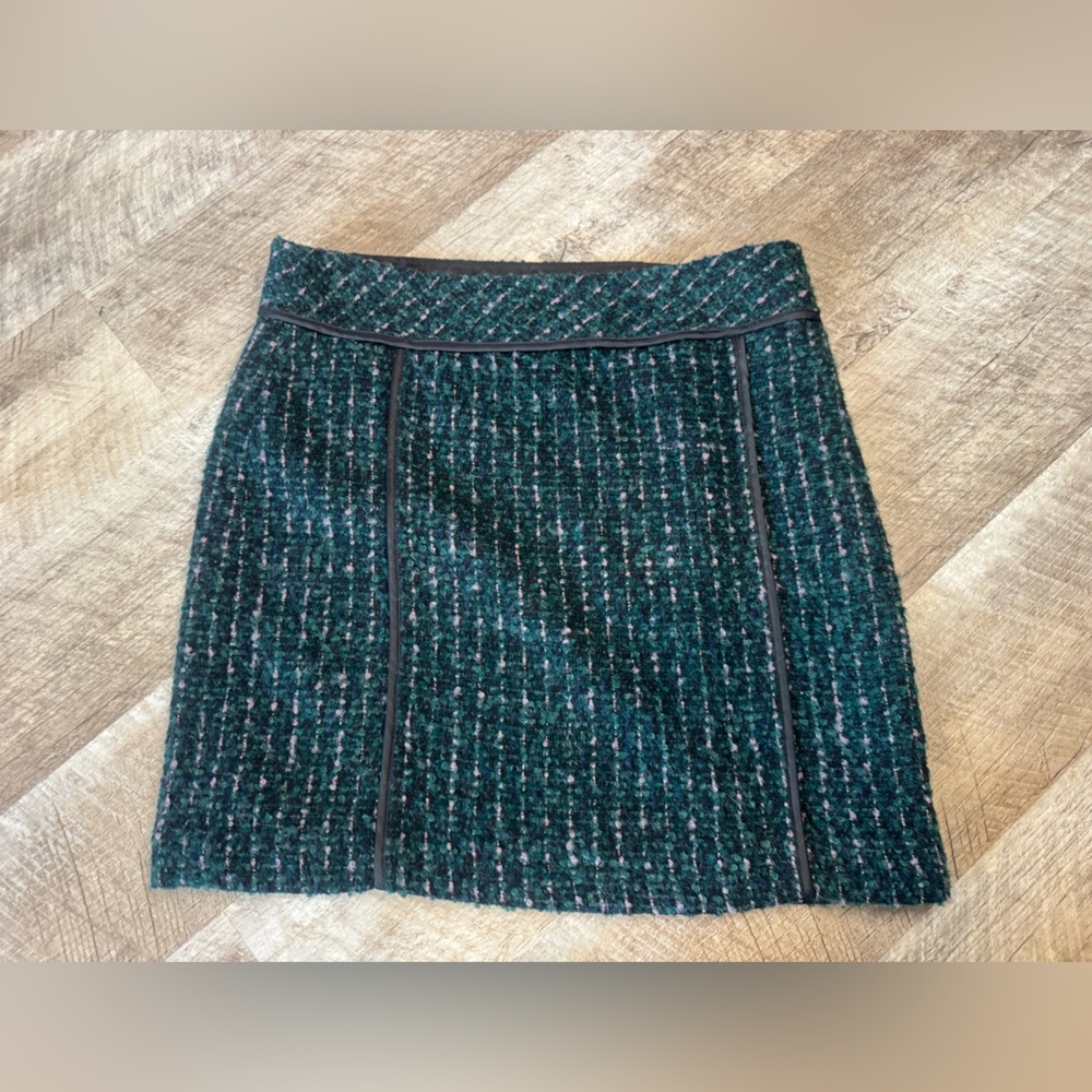 LOFT Tweed Mini Skirt in Dark Jewel Green, Black Corded Panel Detail, Side Zip